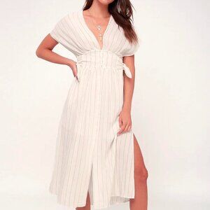 ASTR The Label Striped White & Beige Dress side tie v neck faux wrap size S